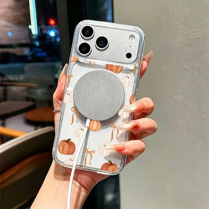 Transparent Shockproof TPU PC Blend Full Cover Ghost Pumpkin Orange Bow Watercolor Phone Case, Soft Fall Halloween Pattern, Cute Autumn Gift, Compatible with Ios Iphone 17-11 Series, 17 Pro Max, Plus, Pro Max