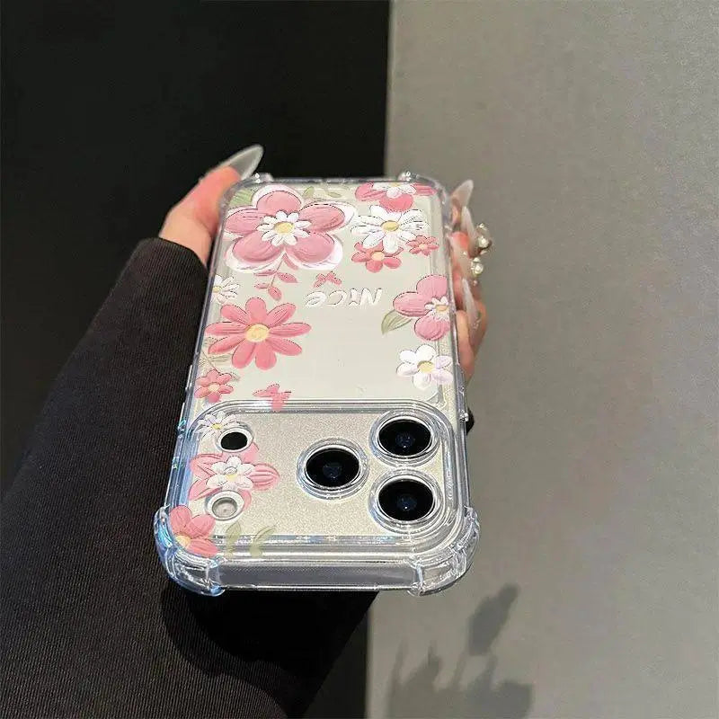 Full Screen Flower Pattern Phone Case for Iphone 17 Air 16 E 15 14 13 12 Pro Max plus 11 Transparent Non-Yellowing Cover with Airbag Shockproof Soft Silicone Casing