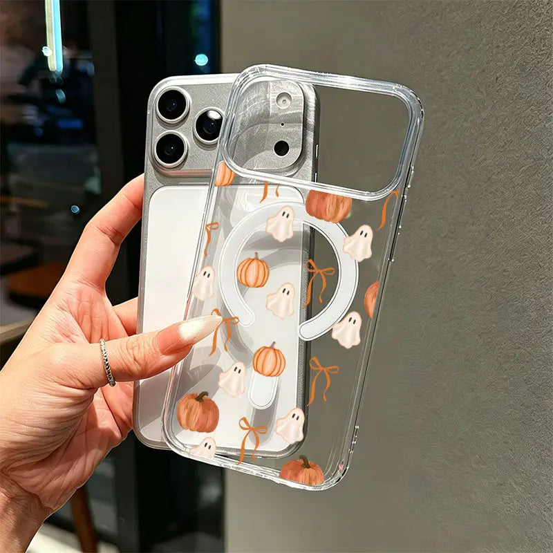 Transparent Shockproof TPU PC Blend Full Cover Ghost Pumpkin Orange Bow Watercolor Phone Case, Soft Fall Halloween Pattern, Cute Autumn Gift, Compatible with Ios Iphone 17-11 Series, 17 Pro Max, Plus, Pro Max
