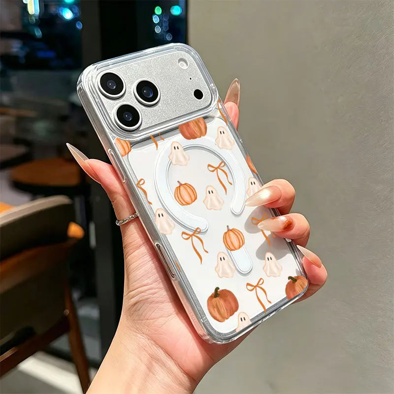 Transparent Shockproof TPU PC Blend Full Cover Ghost Pumpkin Orange Bow Watercolor Phone Case, Soft Fall Halloween Pattern, Cute Autumn Gift, Compatible with Ios Iphone 17-11 Series, 17 Pro Max, Plus, Pro Max