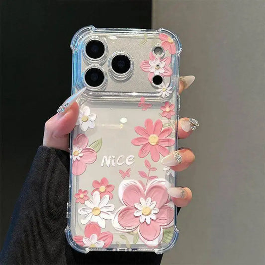 Full Screen Flower Pattern Phone Case for Iphone 17 Air 16 E 15 14 13 12 Pro Max plus 11 Transparent Non-Yellowing Cover with Airbag Shockproof Soft Silicone Casing