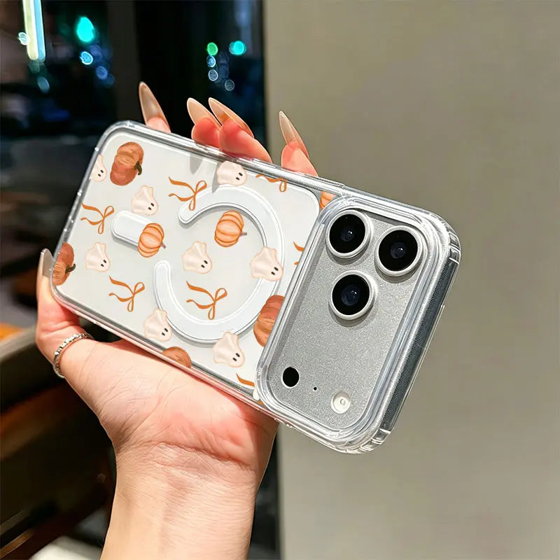 Transparent Shockproof TPU PC Blend Full Cover Ghost Pumpkin Orange Bow Watercolor Phone Case, Soft Fall Halloween Pattern, Cute Autumn Gift, Compatible with Ios Iphone 17-11 Series, 17 Pro Max, Plus, Pro Max