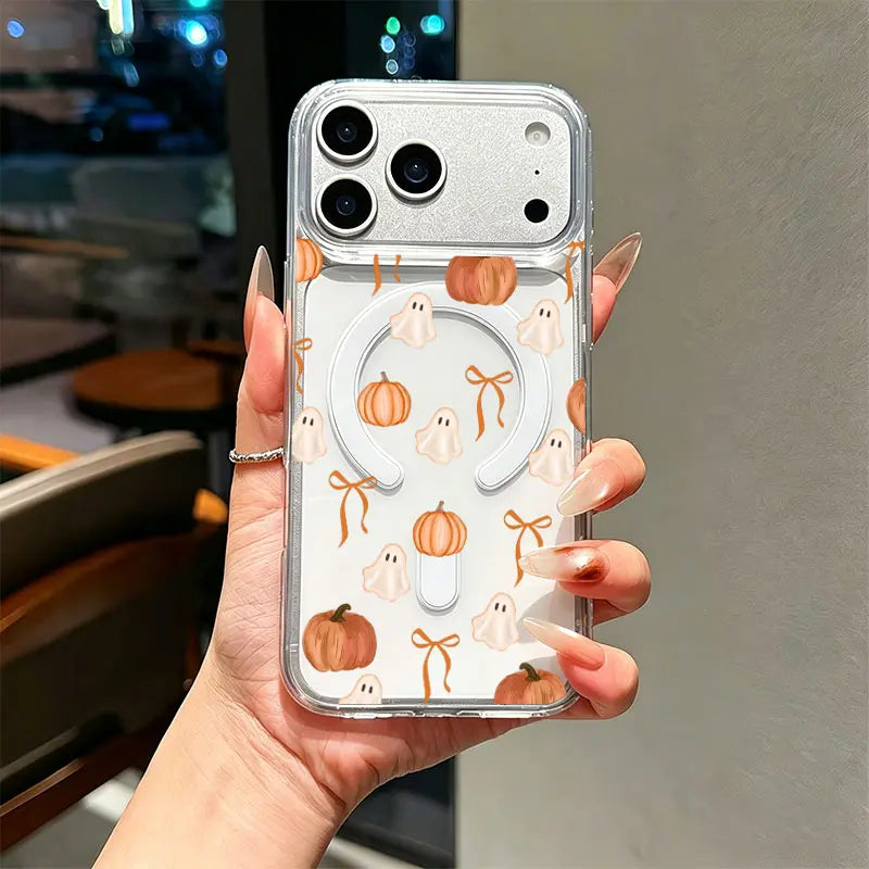 Transparent Shockproof TPU PC Blend Full Cover Ghost Pumpkin Orange Bow Watercolor Phone Case, Soft Fall Halloween Pattern, Cute Autumn Gift, Compatible with Ios Iphone 17-11 Series, 17 Pro Max, Plus, Pro Max